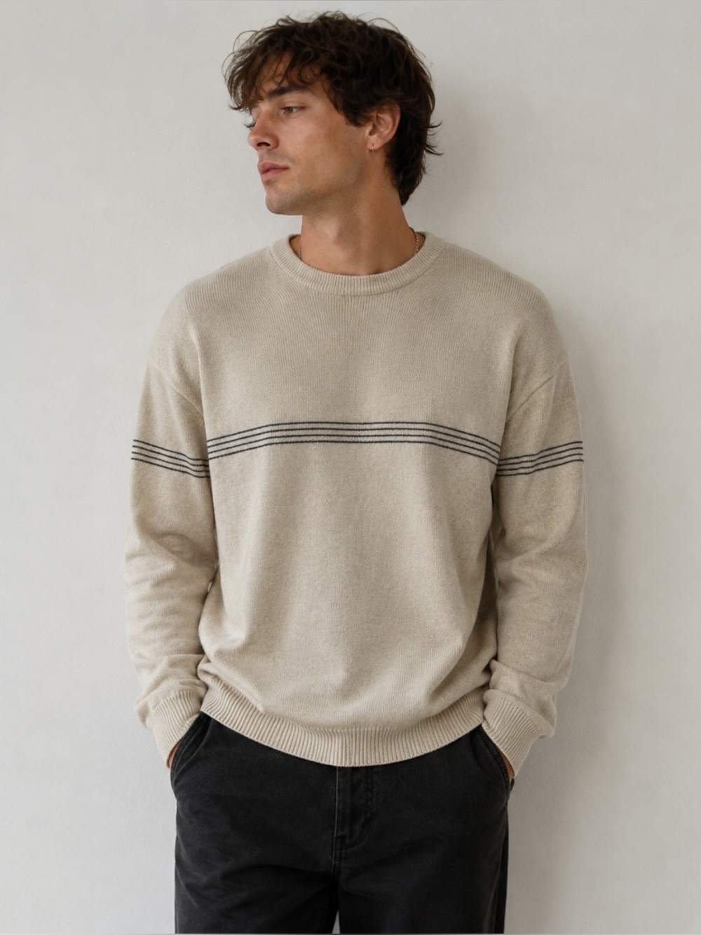 Canyon River Blues Men’s XL Beige Cotton Knit Sweater Striped Crewneck.